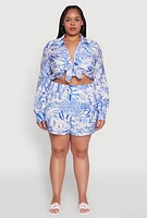 Womens Plus Size Tropical Floral Tie Front Long Sleeve Crop Top, Blue, Size 2X