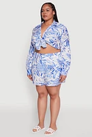 Womens Plus Size Tropical Floral Tie Front Long Sleeve Crop Top, Blue, Size 2X