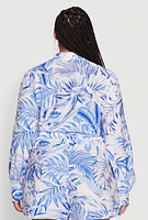 Womens Plus Size Tropical Floral Tie Front Long Sleeve Crop Top, Blue, Size 2X