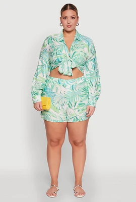 Womens Plus Size Trendy High Waisted Leaf Print Shorts, Multi, Size 3X