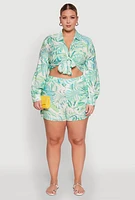 Womens Plus Size Trendy High Waisted Leaf Print Shorts, Multi, Size 3X