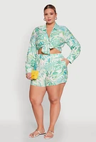 Womens Plus Size Trendy High Waisted Leaf Print Shorts, Multi, Size 3X