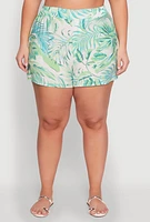 Womens Plus Size Trendy High Waisted Leaf Print Shorts, Multi, Size 3X