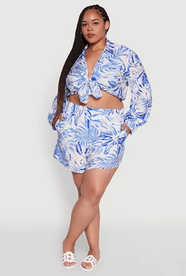 Womens Plus Trendy High Waisted Leaf Print Shorts, 3X