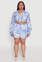 Womens Plus Trendy High Waisted Leaf Print Shorts, 3X