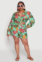 Womens Plus Floral Long Sleeve Tie Front Crop Top,