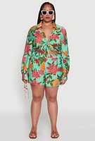 Womens Plus Floral Long Sleeve Tie Front Crop Top,