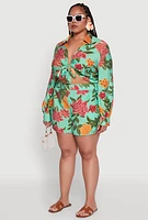Womens Plus Floral Long Sleeve Tie Front Crop Top,
