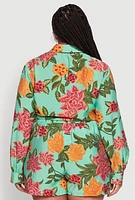 Womens Plus Floral Long Sleeve Tie Front Crop Top,