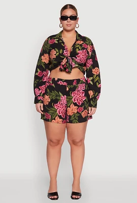 Womens Plus Size Floral High Waisted Pull On Shorts, Multi, Size 3X