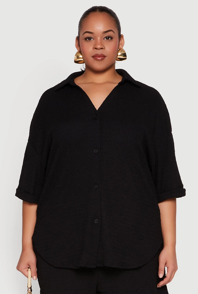 Womens Plus Size Textured Knit Oversized Shirt, Black, Size 1X