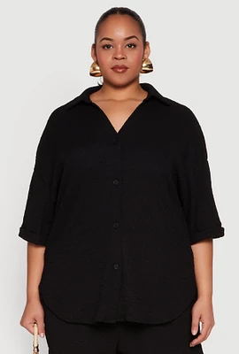 Womens Plus Size Textured Knit Oversized Shirt, Black, Size 1X
