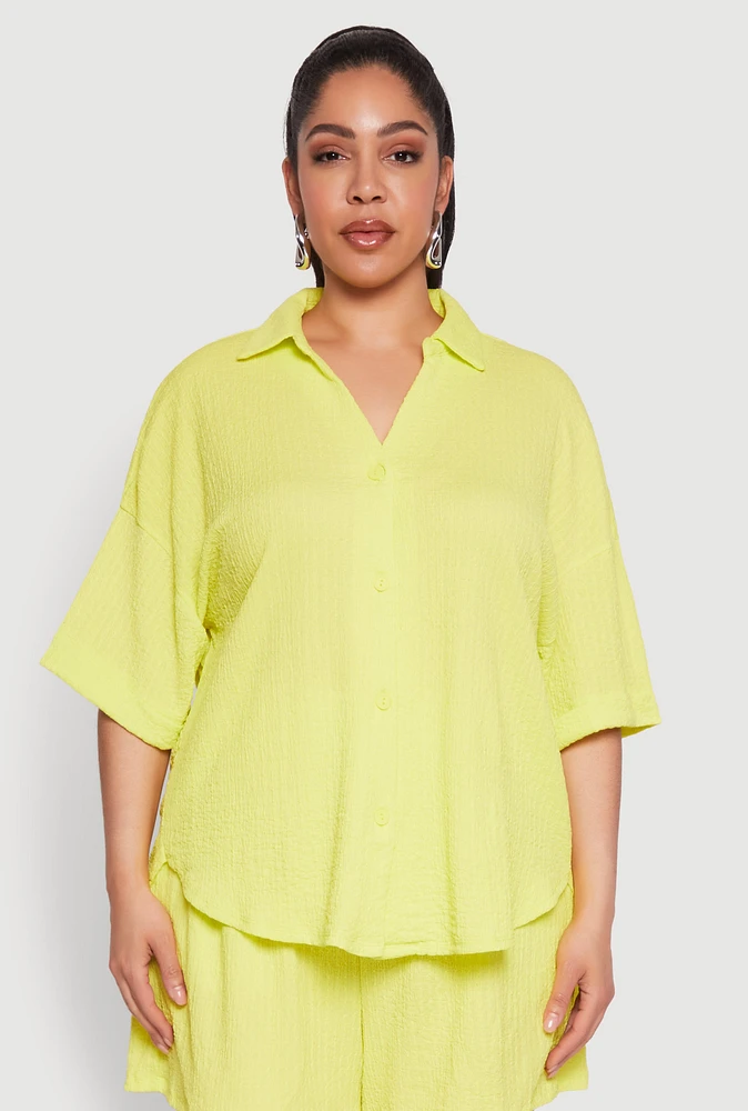 Womens Plus Size Textured Knit Oversized Shirt, Yellow, Size 2X