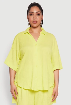 Womens Plus Size Textured Knit Oversized Shirt, Yellow, Size 2X