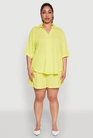 Womens Plus Size Textured Knit Oversized Shirt, Yellow, Size 2X