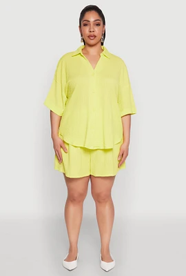 Womens Plus Size Textured Knit High Waist Shorts, Yellow, Size 3X