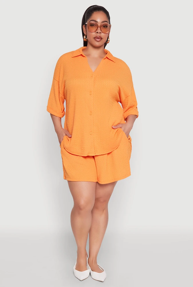 Womens Plus Size Textured Knit High Waist Shorts, Orange, Size 2X