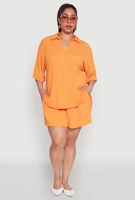 Womens Plus Size Textured Knit High Waist Shorts, Orange, Size 2X
