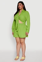 Womens Plus Textured Knit Tie Front Crop Top,
