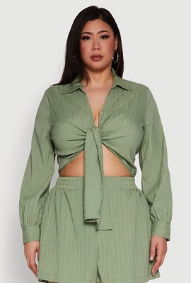 Womens Plus Textured Knit Tie Front Crop Top,