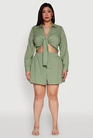 Womens Plus Size Textured Knit Tie Front Crop Top, Green, Size 2X