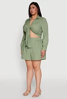 Womens Plus Textured Knit Tie Front Crop Top,