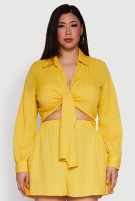 Womens Plus Size Textured Knit Tie Front Crop Top, Yellow, Size 2X