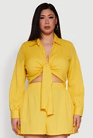 Womens Plus Size Textured Knit Tie Front Crop Top, Yellow, Size 2X