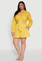Womens Plus Size Textured Knit Tie Front Crop Top, Yellow, Size 2X