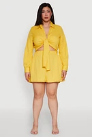 Womens Plus Size Textured Knit Tie Front Crop Top, Yellow, Size 2X