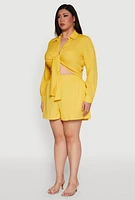 Womens Plus Size Textured Knit Tie Front Crop Top, Yellow, Size 2X