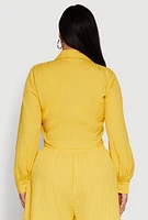 Womens Plus Size Textured Knit Tie Front Crop Top, Yellow, Size 2X
