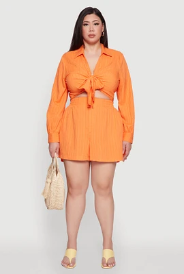 Womens Plus Size Chic High Waisted Textured Knit Shorts, Orange, Size 3X