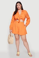 Womens Plus Size Chic High Waisted Textured Knit Shorts, Orange, Size 3X