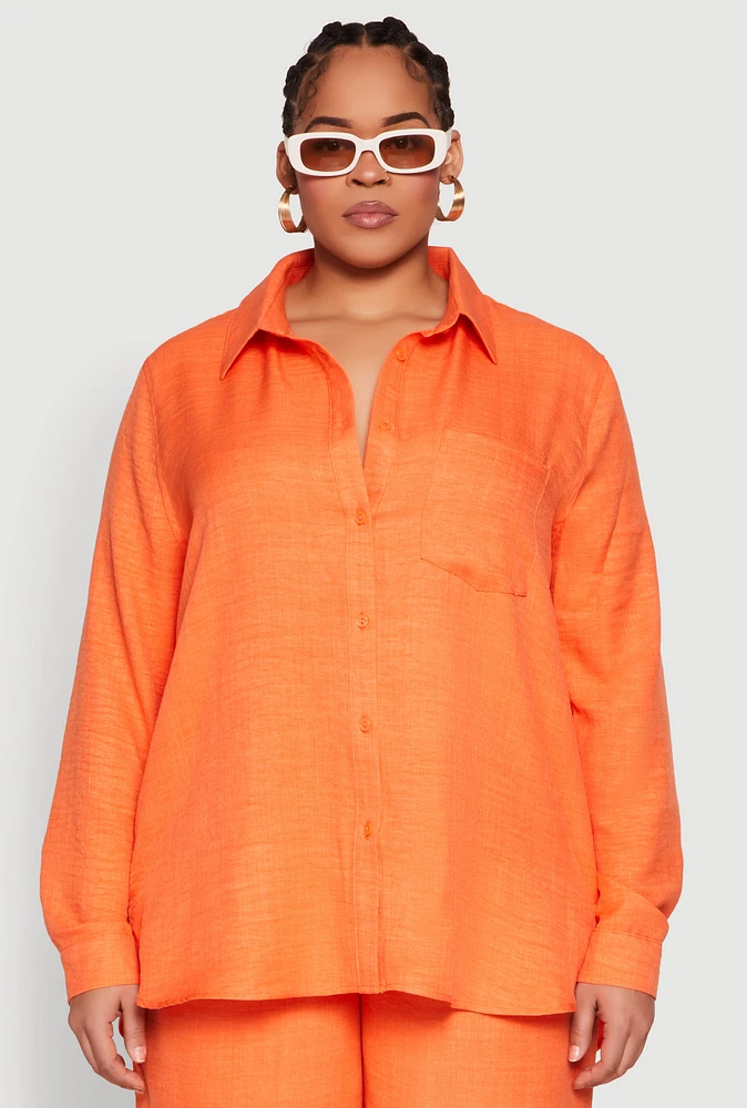 Womens Plus Size Linen Oversized Shirt, Orange, Size 1X