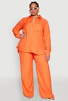 Womens Plus Size Linen Oversized Shirt, Orange, Size 1X