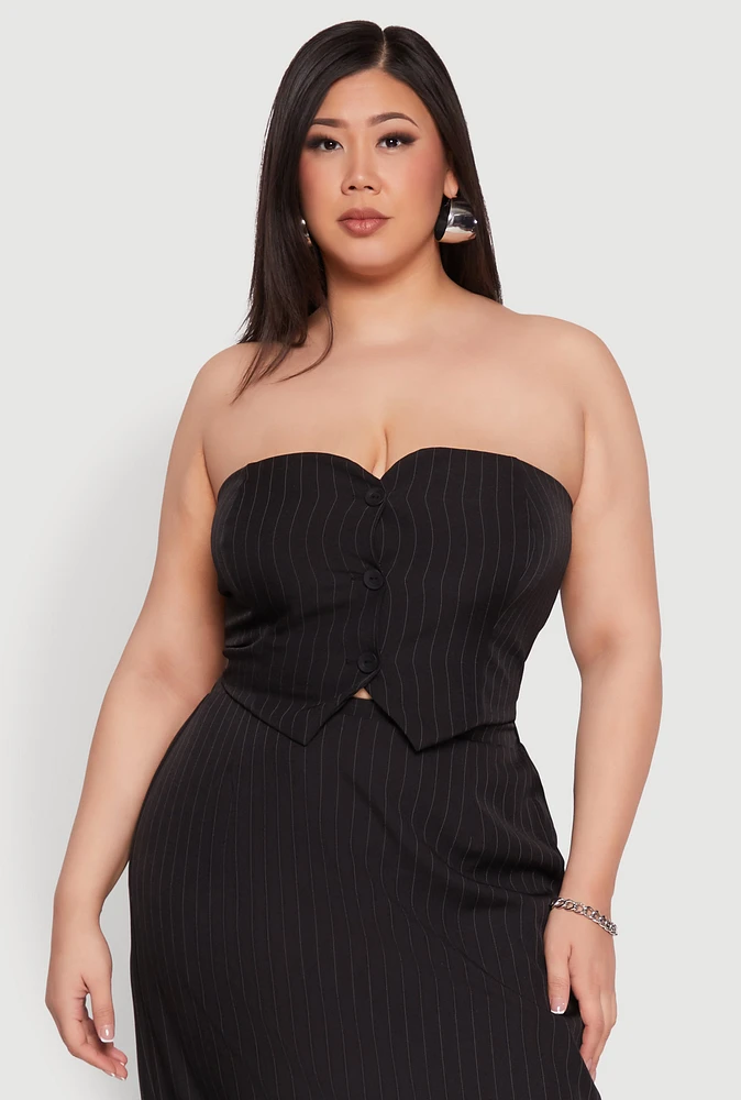 Womens Plus Size Pinstripe Button Front Strapless Top, Black, Size 2X
