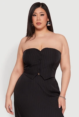 Womens Plus Size Pinstripe Button Front Strapless Top, Black, Size 2X