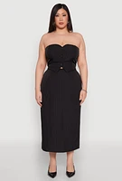 Womens Plus Size Pinstripe Button Front Strapless Top, Black, Size 2X