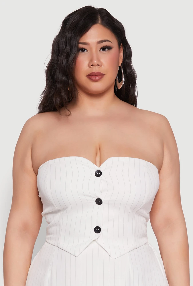 Womens Plus Size Pinstripe Button Front Strapless Top, White, Size 3X