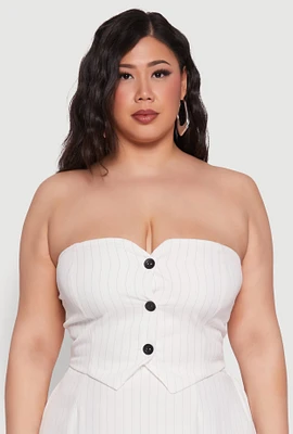Womens Plus Size Pinstripe Button Front Strapless Top, White, Size 3X