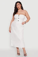 Womens Plus Size Pinstripe Button Front Strapless Top, White, Size 3X