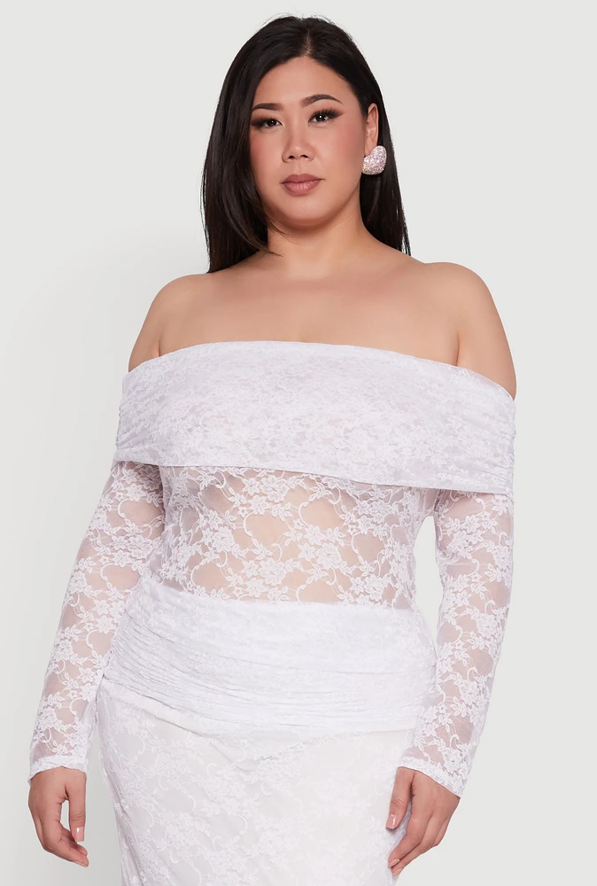 Womens Plus Size Lace Fold Over Off The Shoulder Blouse, White, Size 3X