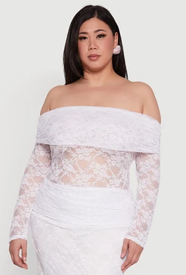 Womens Plus Size Lace Fold Over Off The Shoulder Blouse, White, Size 3X