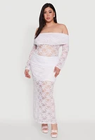 Womens Plus Size Lace Fold Over Off The Shoulder Blouse, White, Size 3X