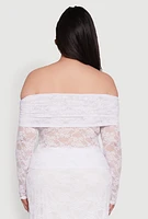 Womens Plus Size Lace Fold Over Off The Shoulder Blouse, White, Size 3X