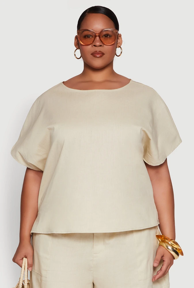 Womens Plus Button Back Keyhole Short Sleeve Top,