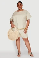Womens Plus Button Back Keyhole Short Sleeve Top,