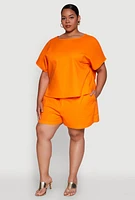 Womens Plus Size Button Back Keyhole Short Sleeve Top, Orange, Size 1X