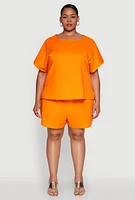 Womens Plus Size Button Back Keyhole Short Sleeve Top, Orange, Size 1X